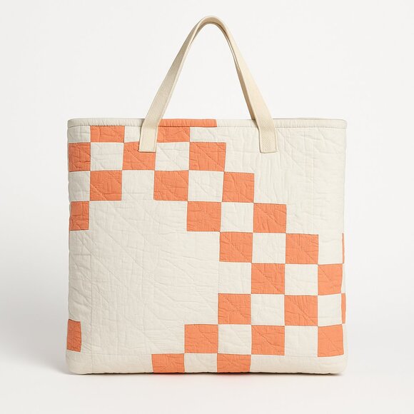 Handmade Quilted Cotton Tote Checker Patchwork Peach Coral Large Grannycore - Picture 2 of 8